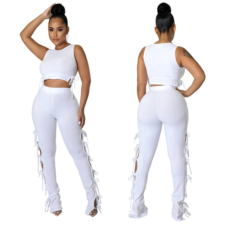 Solid Hollow Out Lace Up Sleeveless Two Piece Matching Sets Women Skinny Sporty Tank Top+Pants Leggings Workout Stretchy Outfits