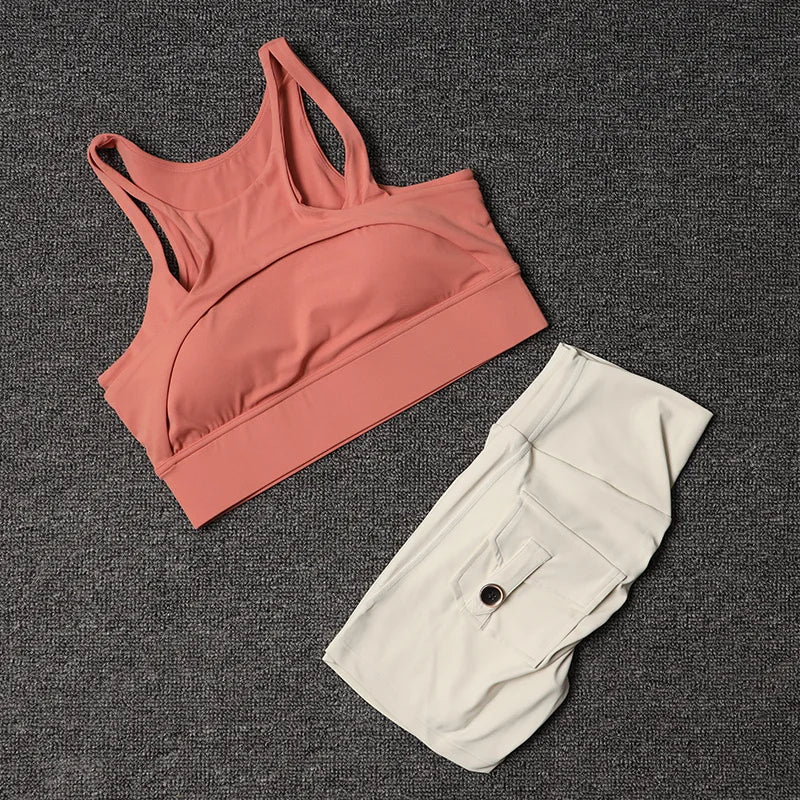 Women's Tracksuit Shorts Yoga Set With Pocket High Waist Sportswear Bra Fitness Workout Leggings Cycling Gym Shorts Sports Suit