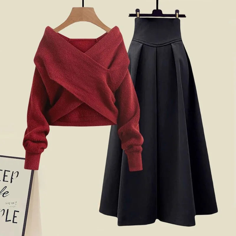 Korean Style Autumn New Chest Cross Knitted Sweater Pullover Pleated Half Skirt Two-piece Set Fashionable Women's Skirt Set