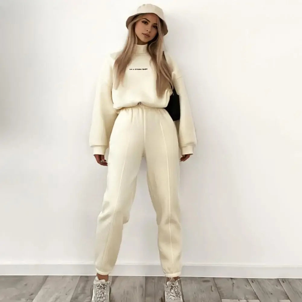 Spring Long-sleeved High-neck Printed Sweatshirt Casual Two-piece Set Tie-up Pleated Top Waist Sweatpants Sports Suit Women