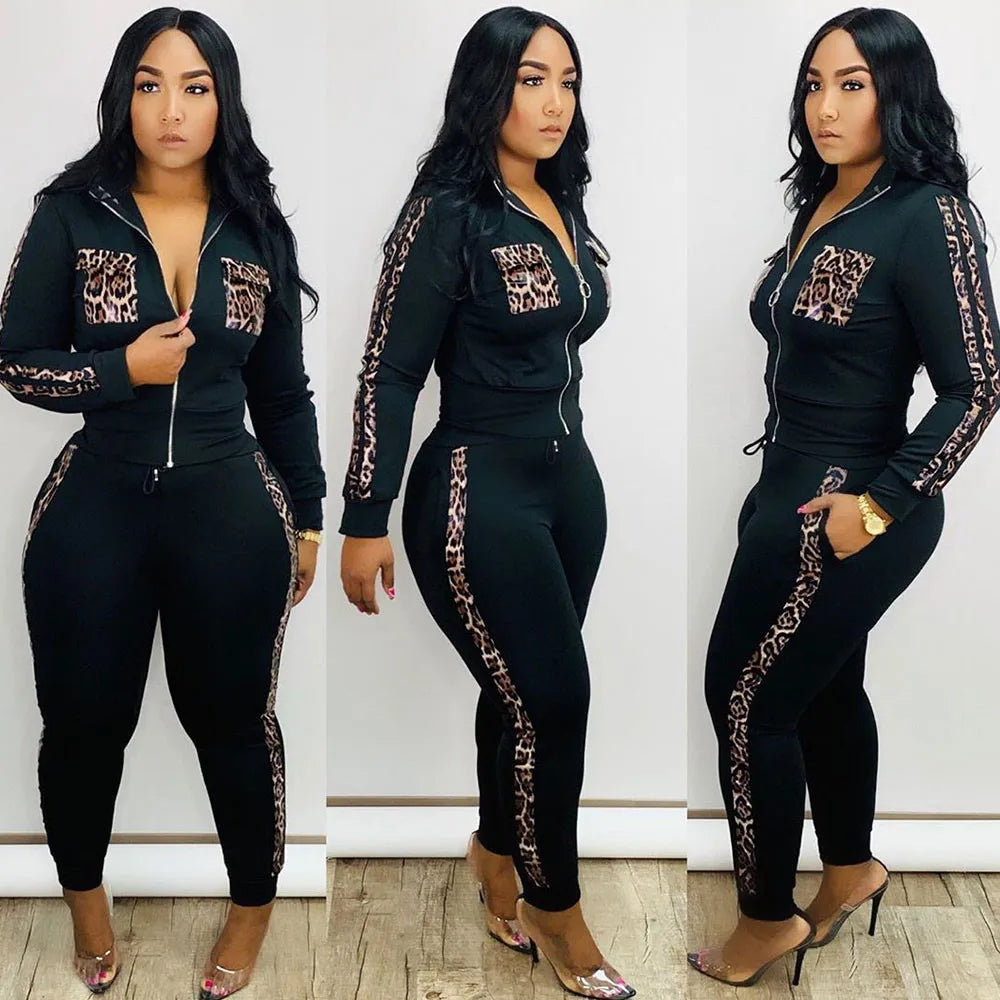 Tracksuit Women Leopard Print Splice Lounge Wear Two Piece Set Top and Pants Sweat Suits