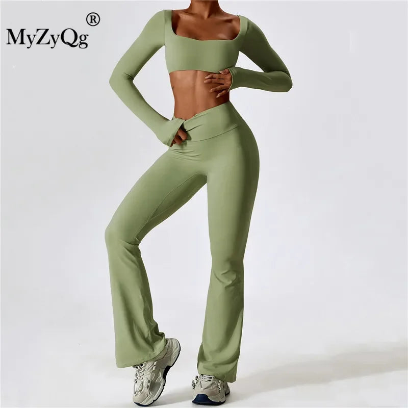 MyZyQg Women Autumn Shock-proof Two Piece Yoga Suit Quick Dry Fitness Casual Sports Long Sleeve T-shirts Flare Pant Set