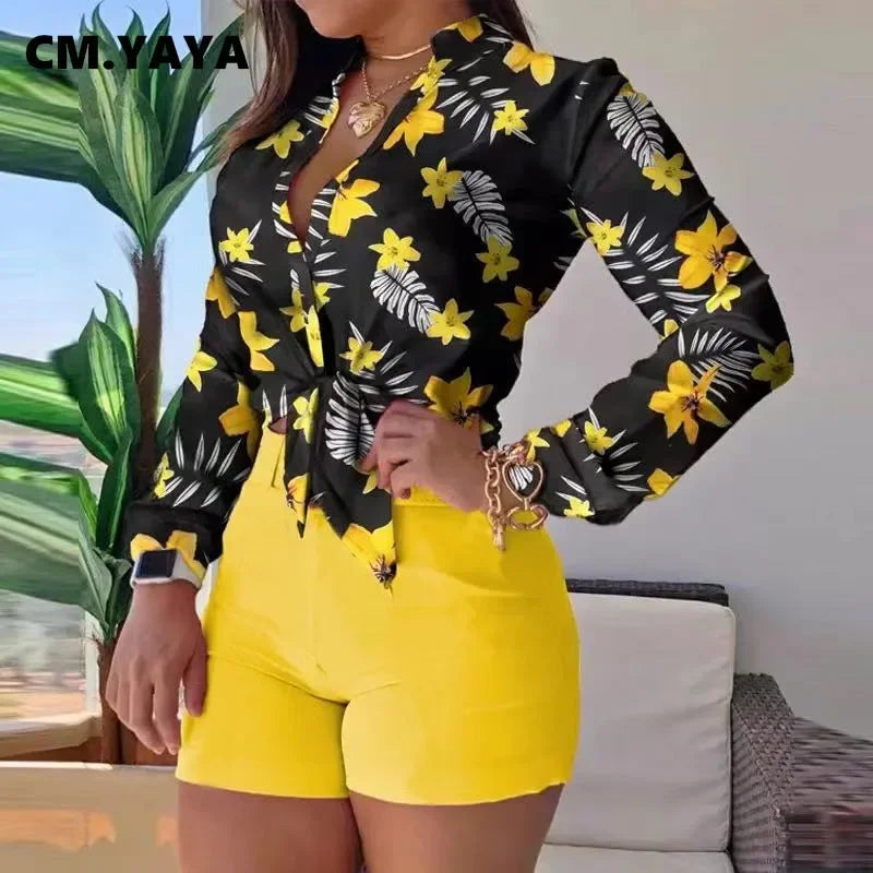 Beach Holiday Women's Tracksuit Floral Leaf Long Sleeve Shirt and Shorts Matching Two 2 Piece Set Outftis Sweatsuit