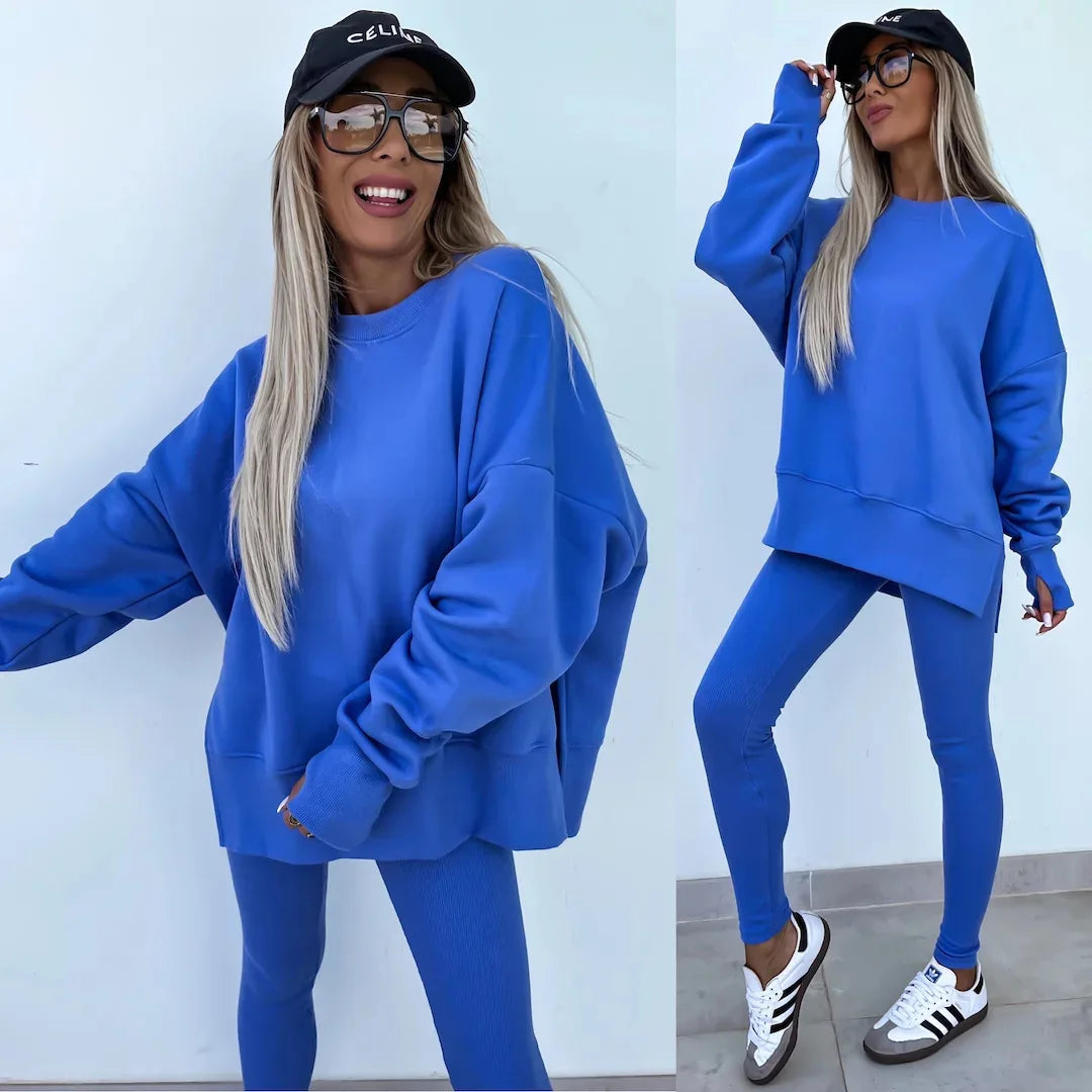 Casual Hooded Tight Pencil Pants Women's 2-piece Set Sweatshirt Autumn Long-sleeved Loose O Neck Top Trousers Yoga Sports Suit