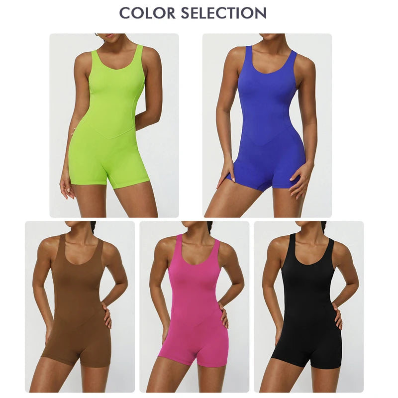 One Piece Fitness Yoga Set Women Slim Fit Gym Running Jumpsuit Solid Color Breathable Quick Dry Short Sportswear Workout Clothes