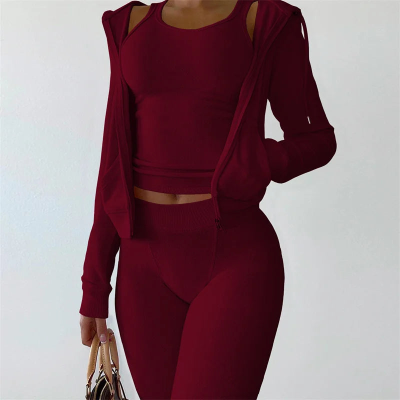 Casual Velvet Tracksuit Women 3 Piece Set Hooded Zipper Sweatsuit Top+Tank+Skinny Leggings Pants Jogging Suit Matching Sets Yoga