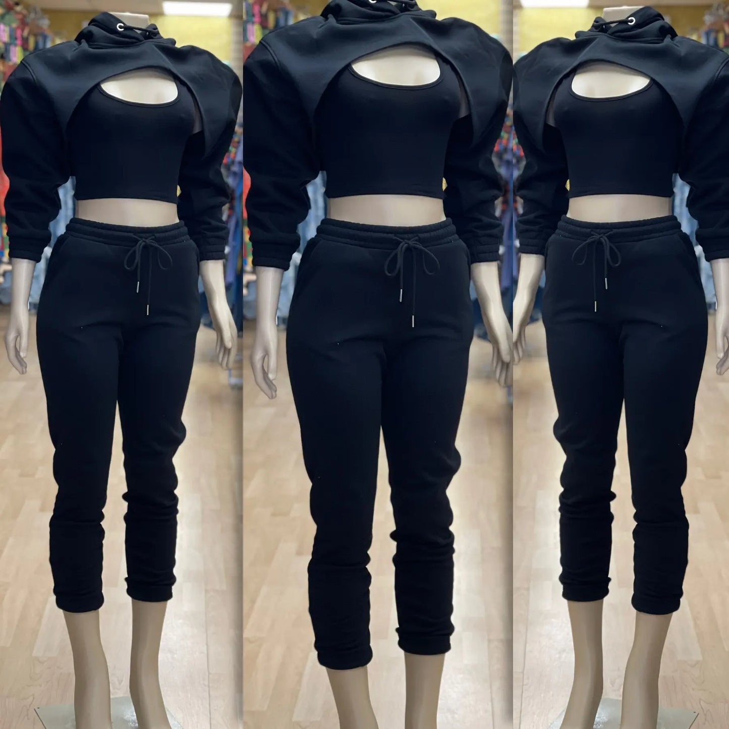 Fitness Women 3 Piece Set Solid Long Sleeve Crop Hoodies Vest High Waist Jogging Pants Suit 2024 Winter Autumn Sporty Sweat Suit