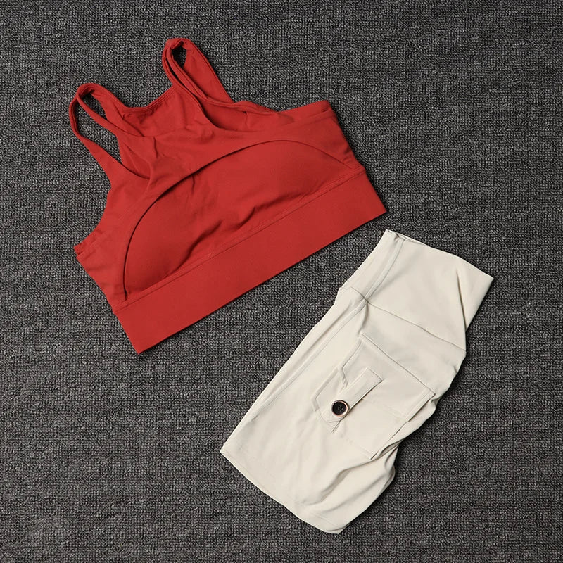 Women's Tracksuit Shorts Yoga Set With Pocket High Waist Sportswear Bra Fitness Workout Leggings Cycling Gym Shorts Sports Suit