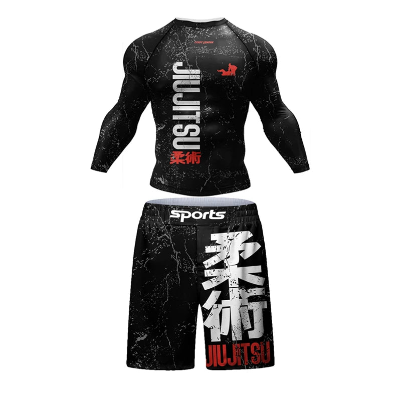 New Jiu Jitsu Rashguard MMA T-shirt +Pants For Men 4PCS/Set Brazilian Grappling Bjj Boxing Rash Guard Sport Clothing Gym Shorts