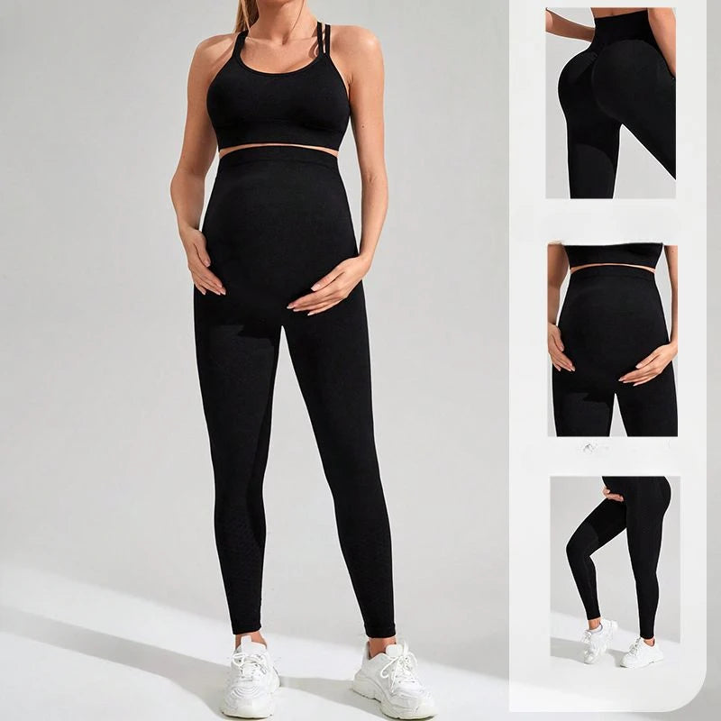 Seamless Yoga Set Pregnant Woman Abdomen Bare Bra Maternity Two Piece Workout Set Fitness Tracksuit Gym Sports Push Up Leggings