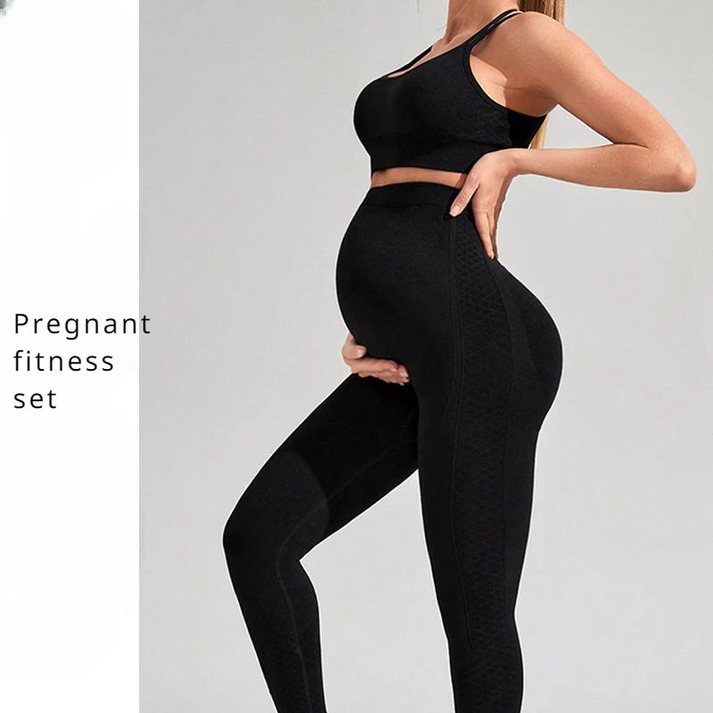 Seamless Yoga Set Pregnant Woman Abdomen Bare Bra Maternity Two Piece Workout Set Fitness Tracksuit Gym Sports Push Up Leggings