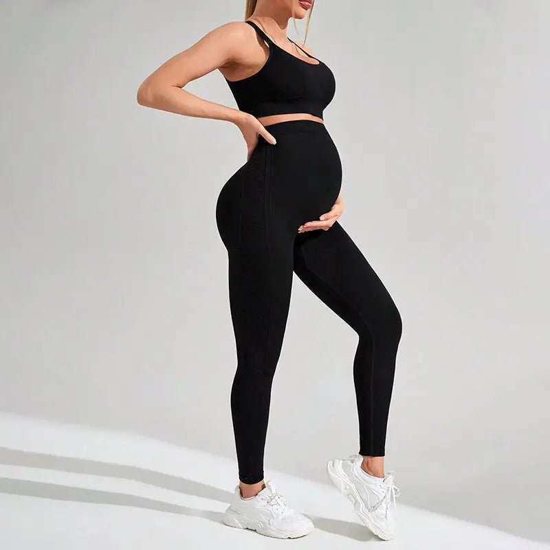 Seamless Yoga Set Pregnant Woman Abdomen Bare Bra Maternity Two Piece Workout Set Fitness Tracksuit Gym Sports Push Up Leggings