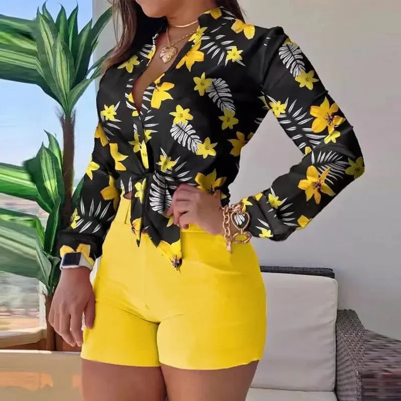 Beach Holiday Women's Tracksuit Floral Leaf Long Sleeve Shirt and Shorts Matching Two 2 Piece Set Outftis Sweatsuit