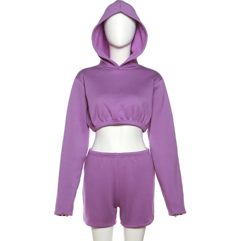 Autumn Winter Loose Hoodies Sporty Two Piece Set Women Lounge Wear Crop Top + Shorts Fitness Streetwear Outfits Matching Sets