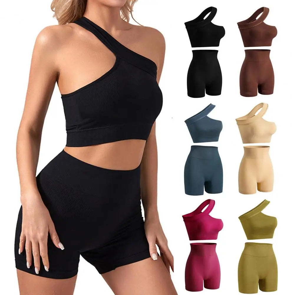 2 Pcs/Set Women Summer Sportswear Off Shoulder Seamless Activewear With Sponge Cup Butt-lifted Lady Fitness Yoga Vest Shorts Set