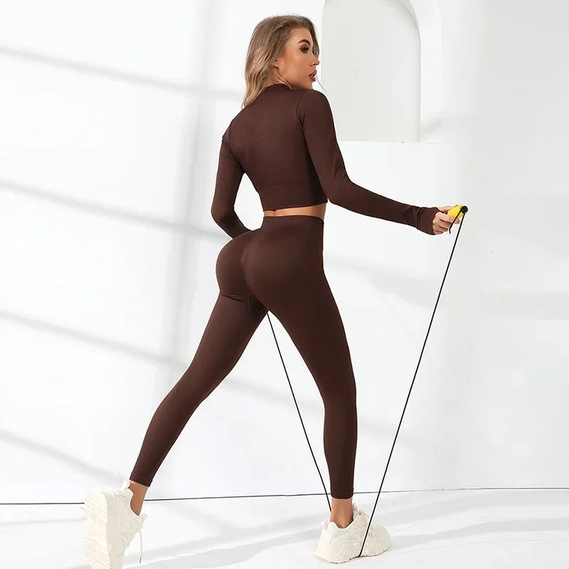 Seamless Sport Set Women Workout Clothes Gym Yoga Set Tracksuit Zipper Long Sleeve Crop Top Leggings Active Wear Running Suit