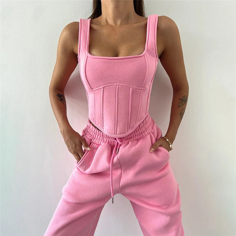 Women Crop Tops Hoodies Tracksuit With Corset Vest Fall Winter Fleece Sweatsuit Sport Jogger Outfits 3 Two Piece Sweatpants Sets