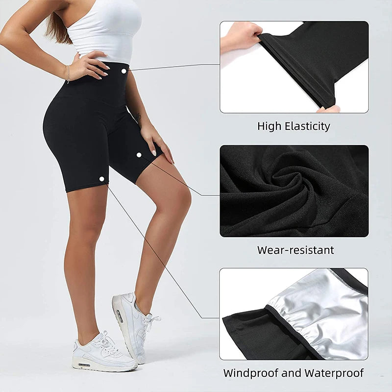 Women Sauna Sweat Pants Thermo Shorts Fat Burner Body Shaper Fitness Stretch Tights High Waist Leggings Slimming Yoga Pants Belt