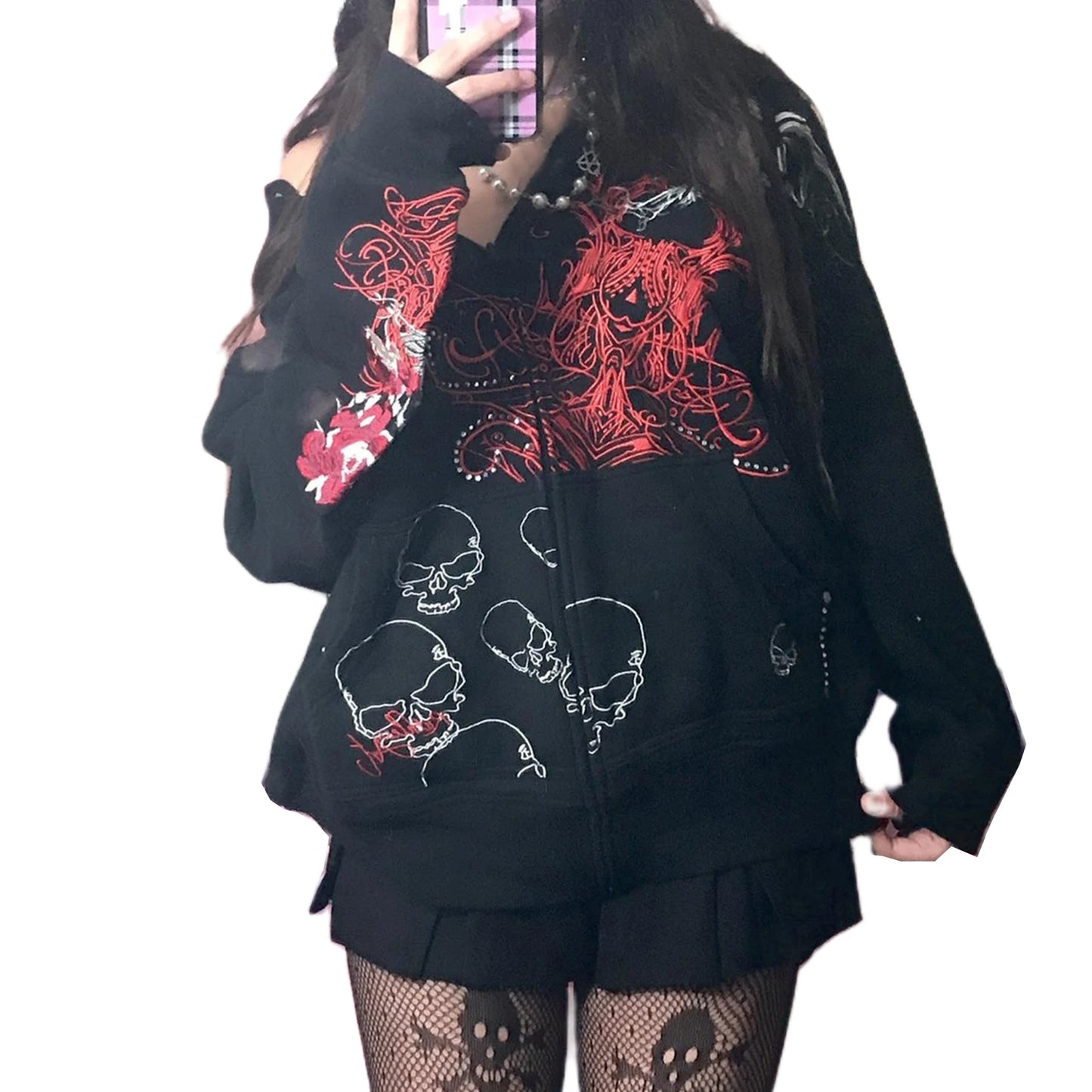 Women Hoodie Y2k Long Sleeve Top Halloween Gothic Sweatshirt Casual Skull Print Cardigan with Pockets