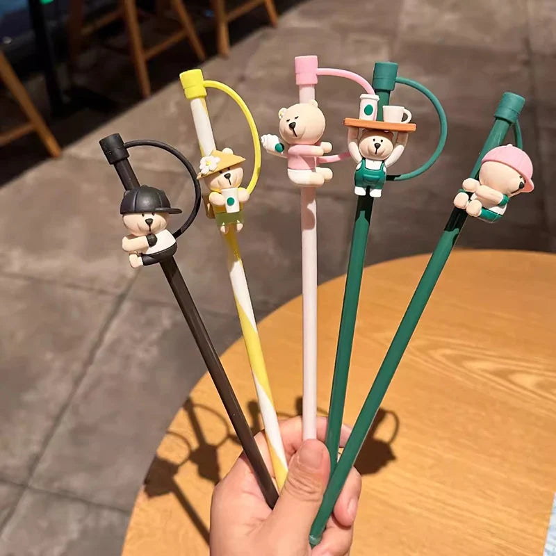 Cute Silicone Straw Cover For 7-8mm Straws With Brush Reusable Splash Proof Straw Cap Topper For 30 40oz Tumbler Cup Accessories