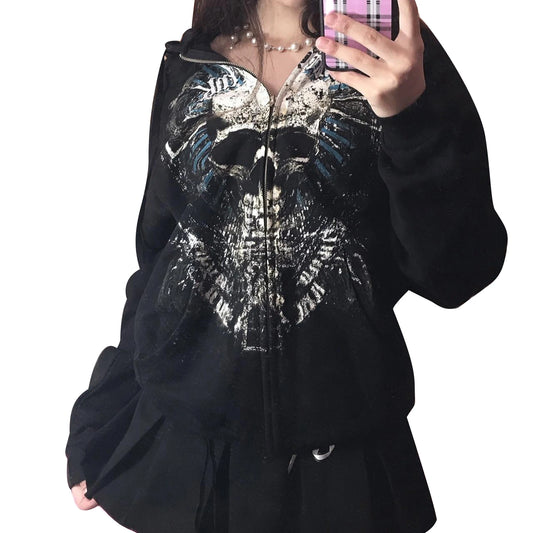 Women Hoodie Y2k Long Sleeve Top Halloween Gothic Sweatshirt Casual Skull Print Cardigan with Pockets