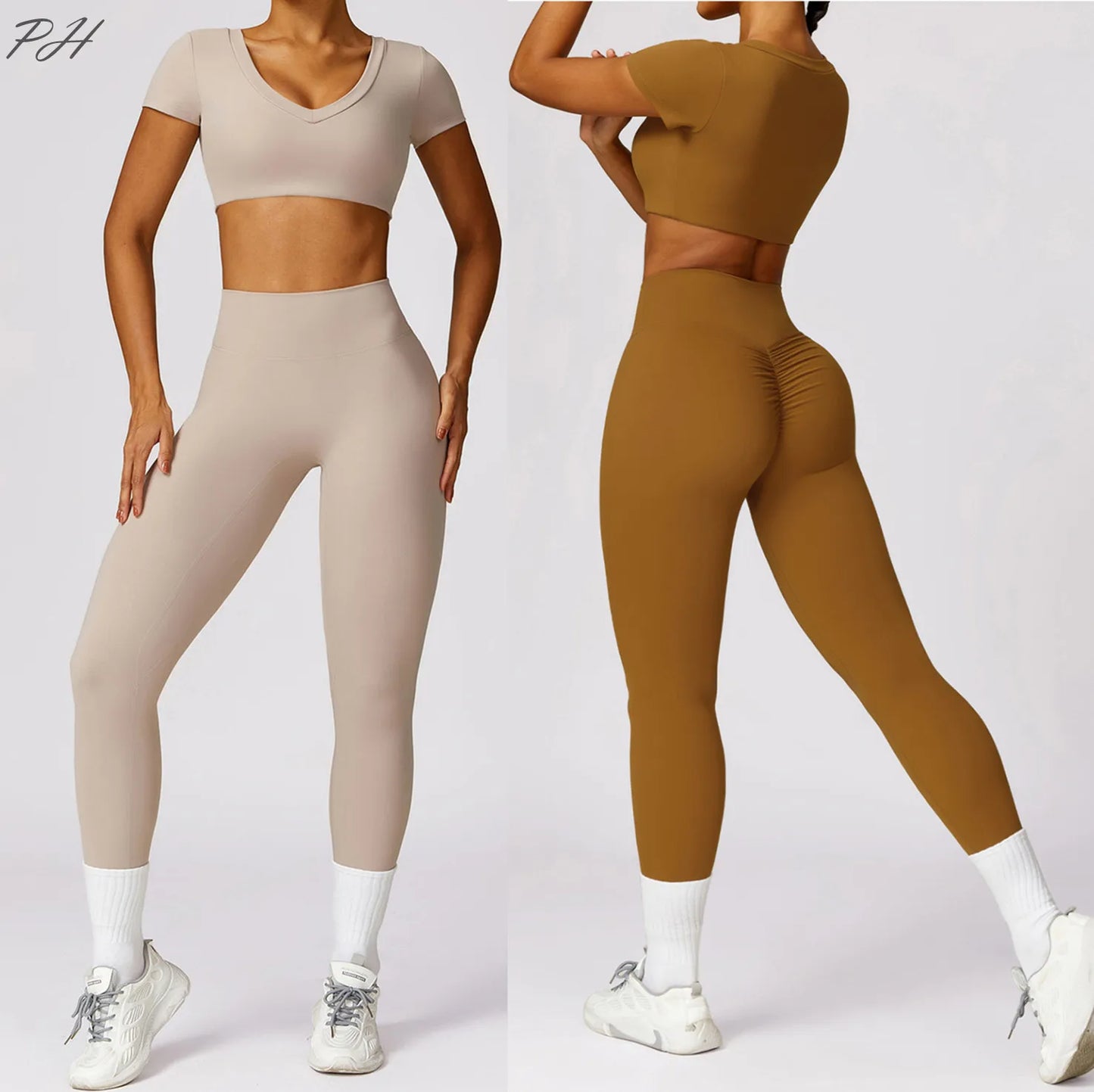 2024Gym Tracksuit Seamless Yoga Set Women Workout Sport Outfit Short Sleeve Crop Top Scrunch Leggings Fitness Running Sportswear