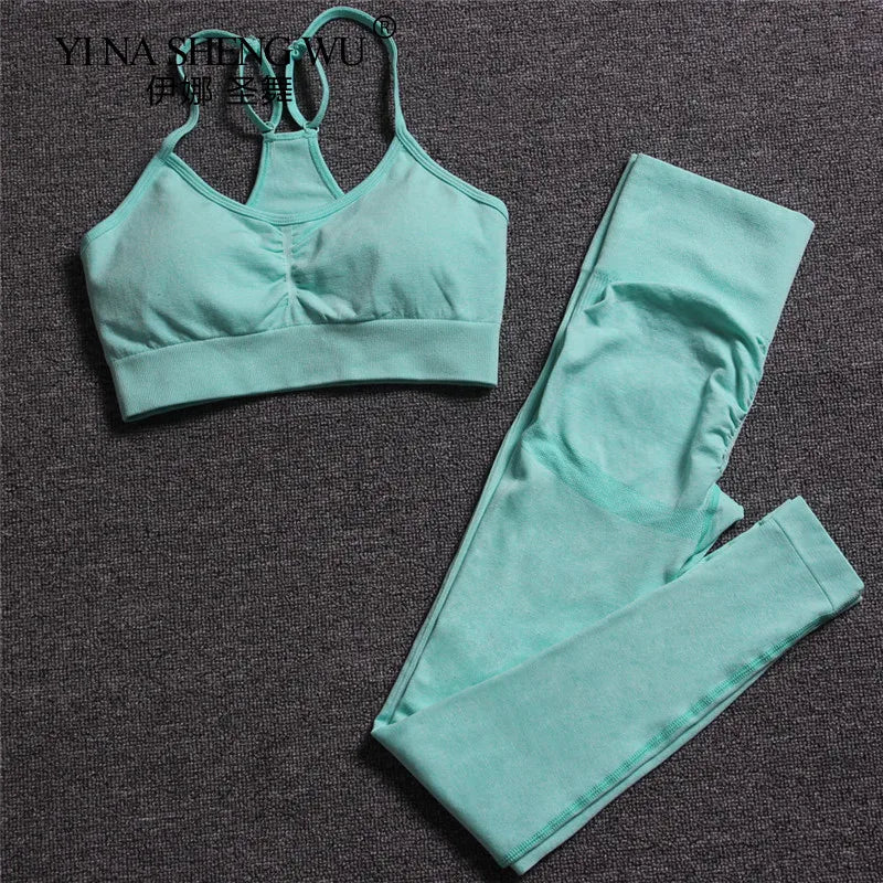 Seamless Yoga Set Women Fitness Pants Clothing Sportswear Woman Gym Leggings Padded Push-up Strappy Sports Bra 2 Pcs Sports Suit