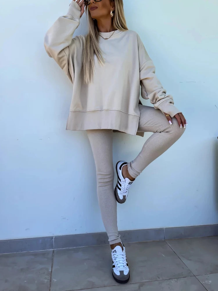 New in Women Tracksuit 2 Piece Sets Autumn Casual Oversized Sweatshirts Slit Fitness Slim High Waist Leggings Hoodie Set Female