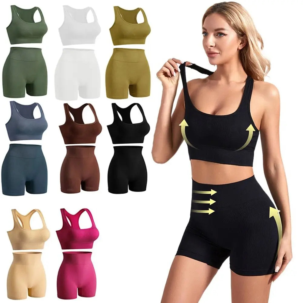 2Pcs High Waist Short Workout Outfits Ribbed Seamless Tracksuit Leggings Sleeveless Crop Matching Active Set Biker