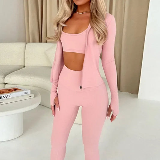 2024 Autumn Women Solid Yoga Two 2 Piece Set Long Sleeve Zip-up Shirts Tops + High Waist Skinny Pants Fitness Workout Suits