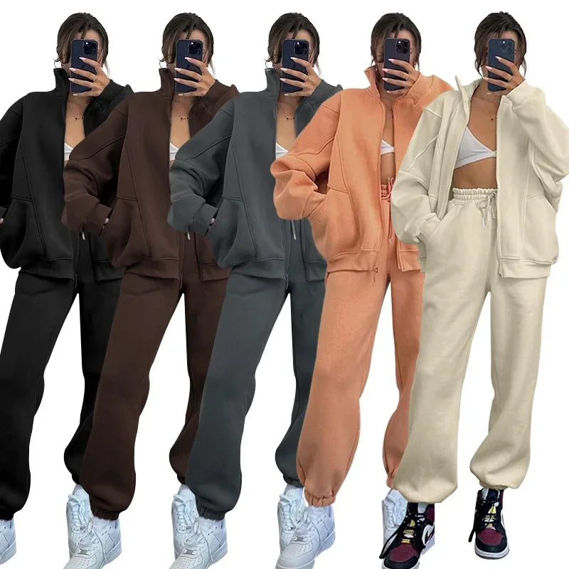 2024 Women’s Two Piece Outfits Set Long Sleeve Stand Collar Zip Up Sweatshirt and Pants Set Active Wear Warm Thick Sports Suit