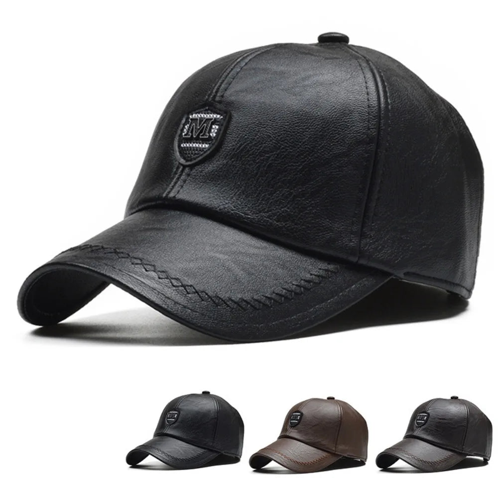 Fashion Outdoor Sports Leather Baseball Caps Autumn Winter Adjustable Thermal Hats Plush Warm Caps Men Women