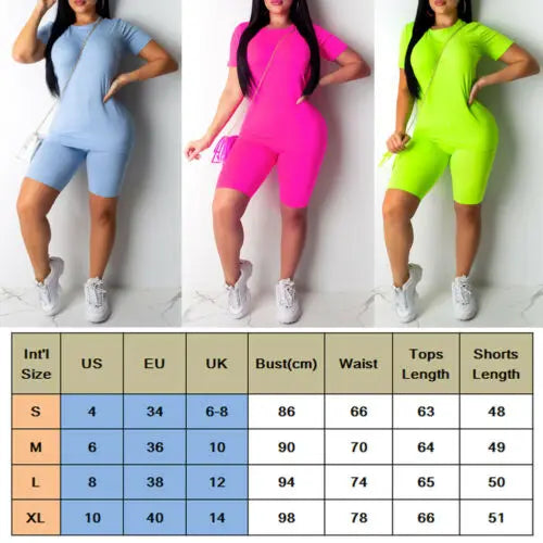 Hirigin 2PCS/Set Women Sports Suit Neon Top Short Pants Workout Clothes Tracksuit Fashion Summer Outfit Ladies Casual 2 PCS Set