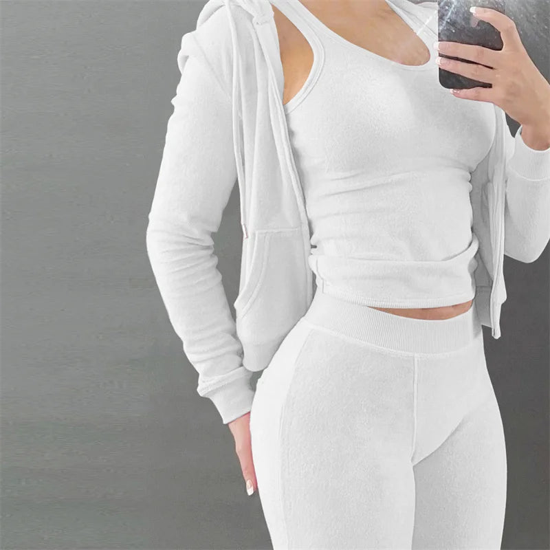 Casual Velvet Tracksuit Women 3 Piece Set Hooded Zipper Sweatsuit Top+Tank+Skinny Leggings Pants Jogging Suit Matching Sets Yoga