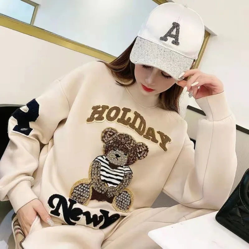 Women's Casual Fashion Plush Sweater Sweat Suits 2024 Spring And Autumn Winter New Temperament Matching Two Piece Sets For Women