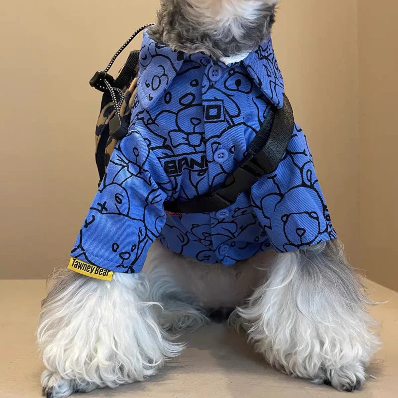 Cartoon Dog Clothes Shirt Blue Bear Pet Clothing Fashion Cute Casual Comfortable Dogs Trendy Spring Autumn Girls Boy