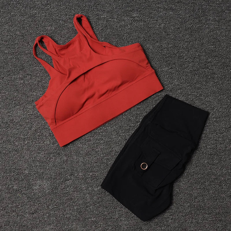 Women's Tracksuit Shorts Yoga Set With Pocket High Waist Sportswear Bra Fitness Workout Leggings Cycling Gym Shorts Sports Suit