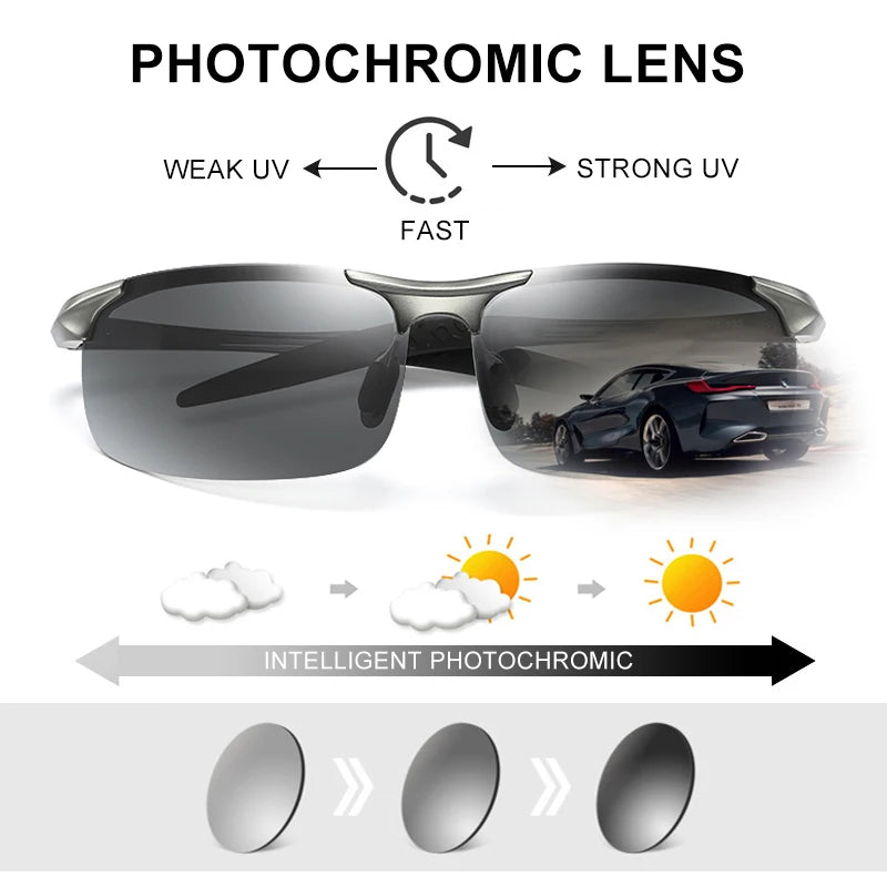 CLLOIO Aluminum Photochromic Sunglasses Men Polarized Day Night Driving Chameleon Glasses Anti-Glare Change Color Sun Glasses UV