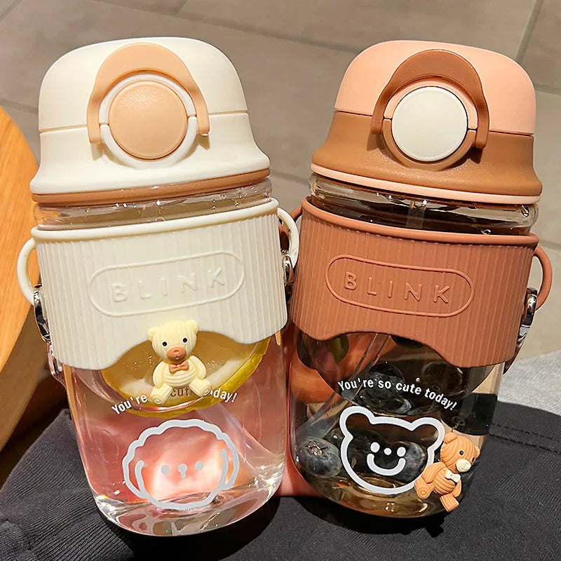 Cute Water Bottle For Girl Ins Style Cartoon Mug Outdoor Gym Sports Drinking Kettle Portable Kawaii Cup 600ml Tumbler With Straw