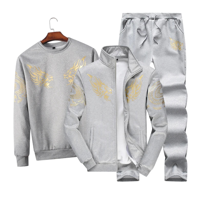 Tracksuit Men 3 Piece Sport Set Polyester Sweatshirt Sportsuit Dragon Pattern Fleece Sportswear Winter Warm Clothing Home Suit