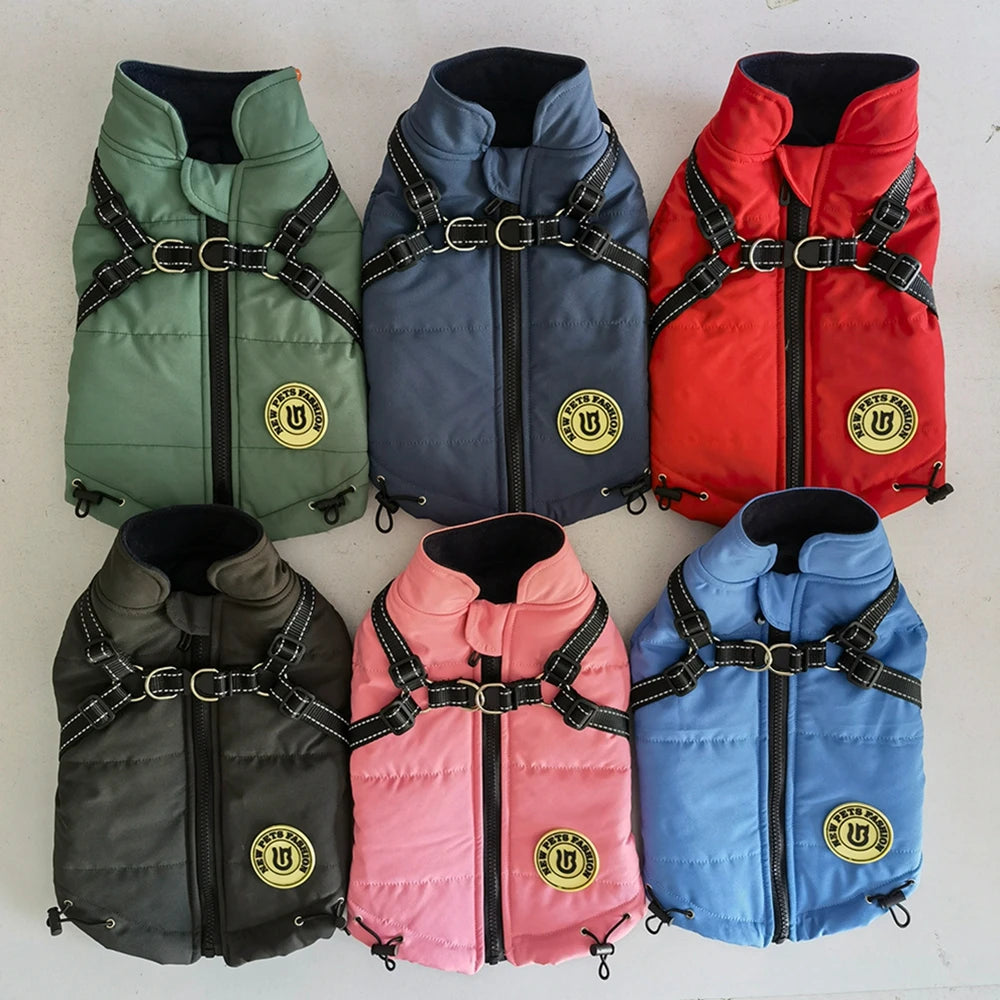 Pet Dog Jacket With Harness Winter Warm Dog Clothes Waterproof Big Dog Coat For Labrador Chihuahua French Bulldog Outfits