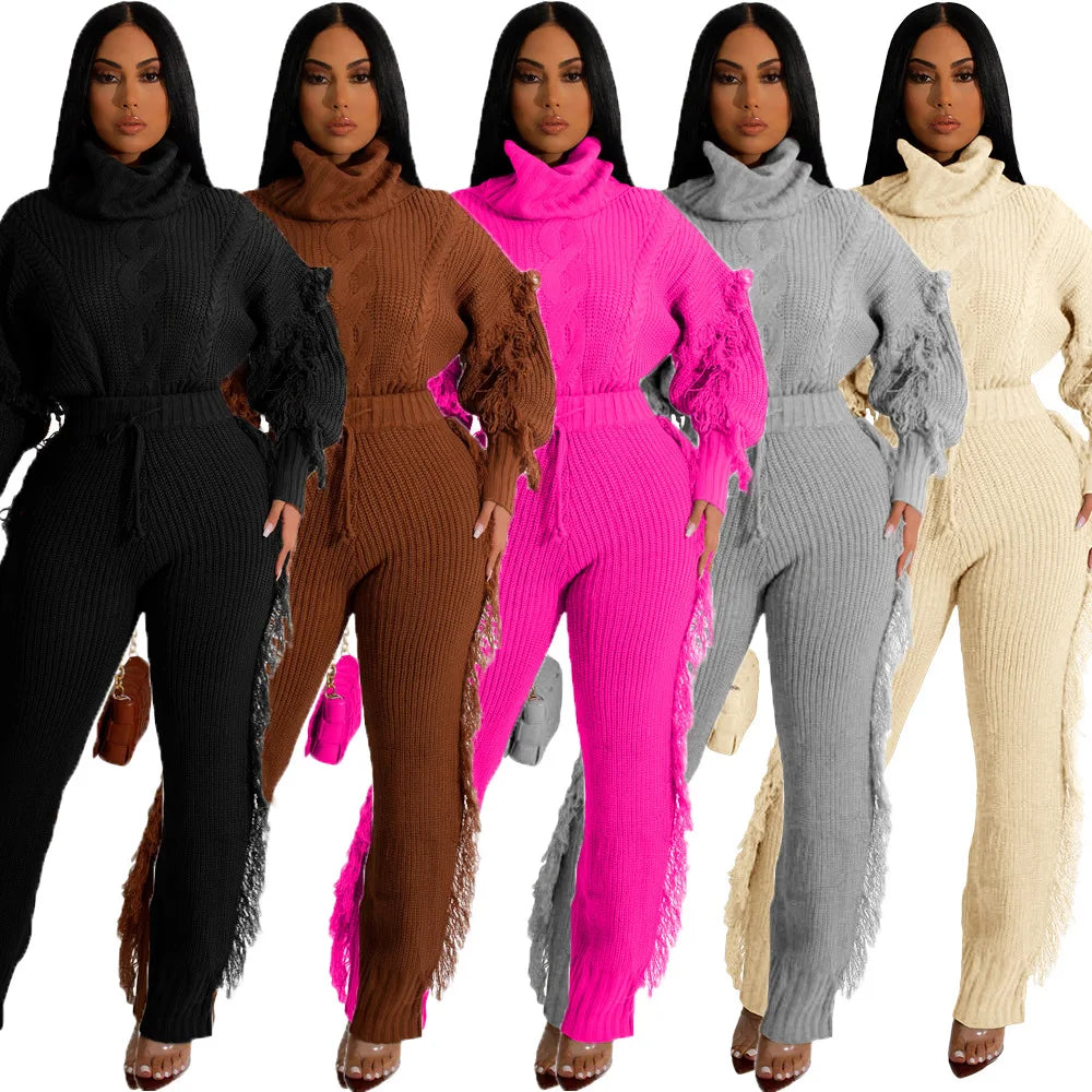 Knit Sweater Set Women Tracksuit Autumn Tassel Sleeve Turtleneck Pullover Tassel Side Pants Suit Casual Warm Two 2 Piece Outfits