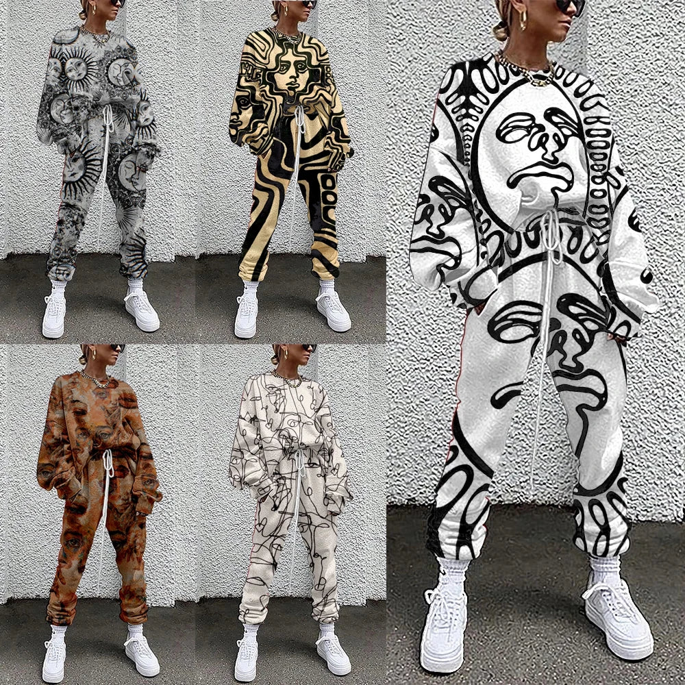 SOJINM Women Clothing 2 Piece Set Suit Outfits Abstract Printed Casual Sport Suit Streetwear Set Autumn Tracksuit sweatpants