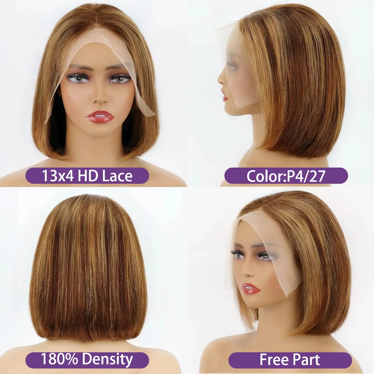 Highlight 4/27 Brazilian Remy Hair Short Bob Ombre Human Hair Wigs Honey Blonde Wig Straight Bob Wig 13x4 Lace Front Wigs Bob