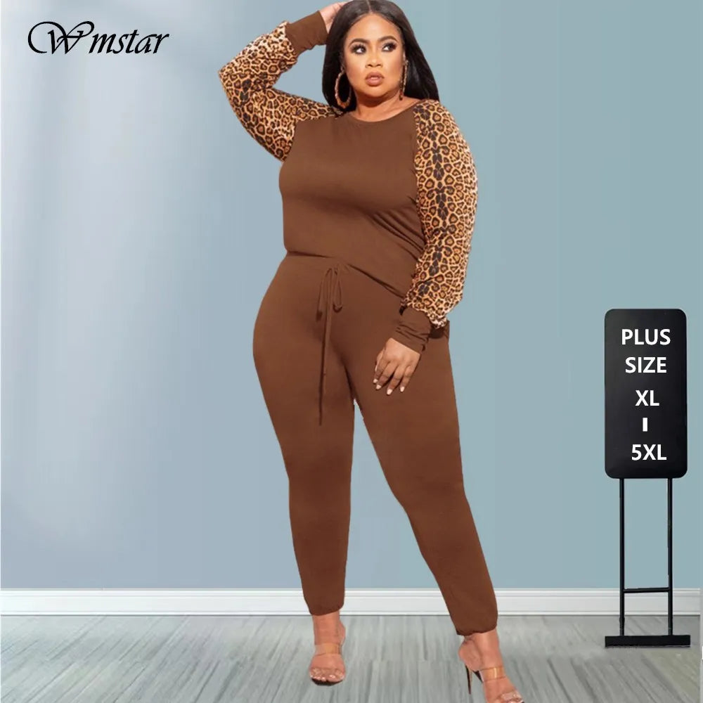 Plus Size Sets 2 Piece Outfit Women Fall Clothes Sweatsuit Tracksuit Leopard Patchwork Crop Top Leggings.