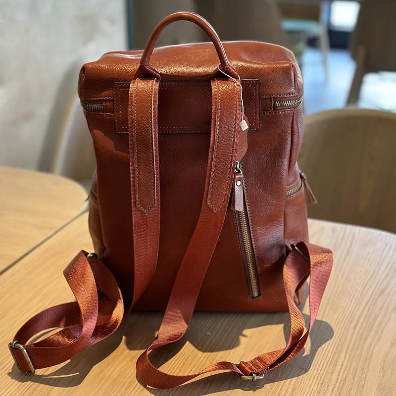 Tanned Leather Backpack Women's Vintage Genuine Bag Simple Top Layer Cowhide Travel Large Capacity Bags