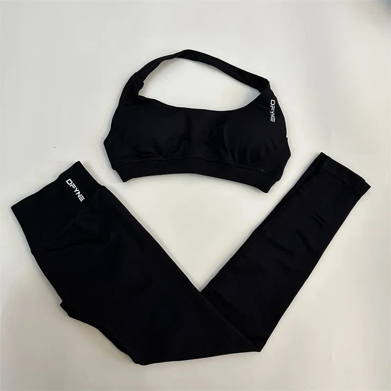 Dfyne Leggings Set Women Seamless Yoga Set 2 Piece Scrunch Butt Lifting Leggings Halter Sports Bra Workout Sets Gym Clothes