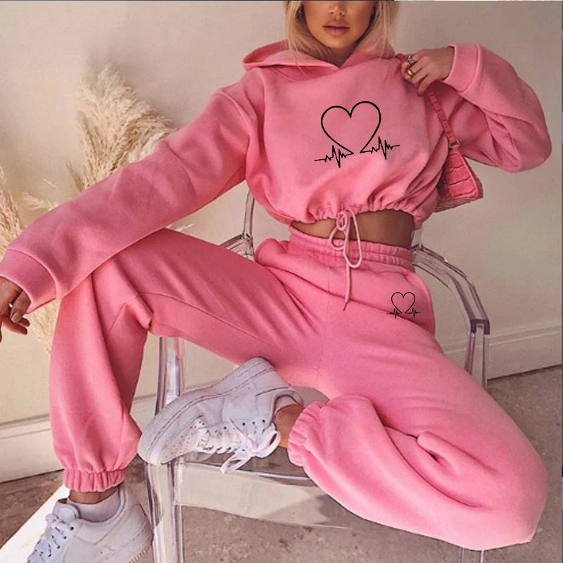 Autumn Popular Womens Tracksuit Printing Short Tops Long Sleeves Hooded Sweatshirt Suit Casual Jogging Sweatpants 2 Piece Set