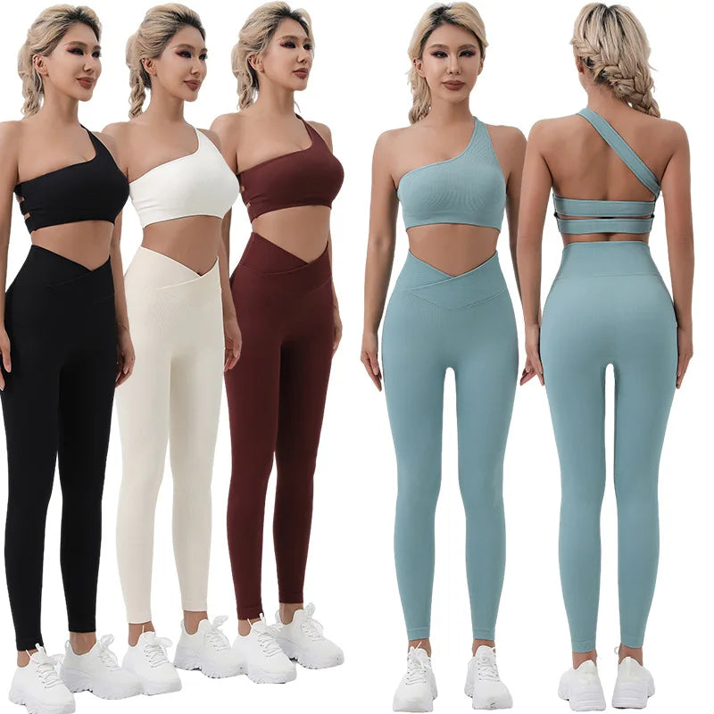 Solider Color Leggings Yoga Suit Women's Off Shoulder Bra Crossover Shorts Sets Fitness Workout Pants Sports Set Womens Outfits