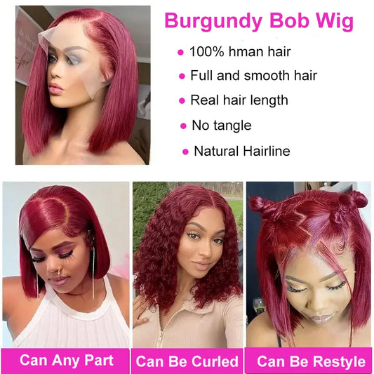 99J Bob Wigs Lace Front Human Hair Wigs 13x4 Lace Frontal Human Hair Wig Burgundy Red Straight Short Bob 100% Human Hair Bob Wig